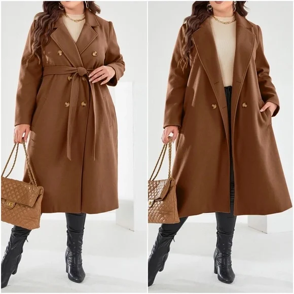 Plus Double Breasted Button up Belted Jacket Coat - Picture 1 of 9